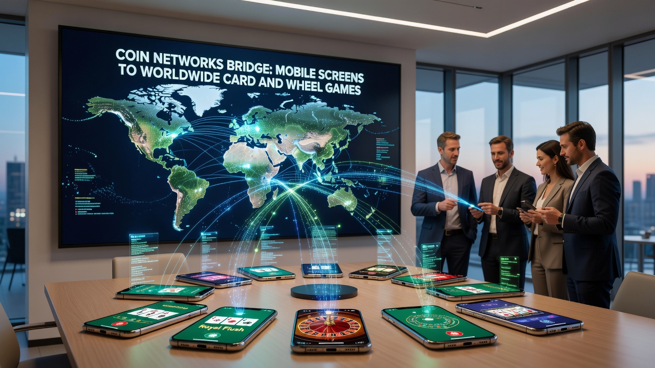 World map highlighting coin network connections between mobile devices and international gaming servers