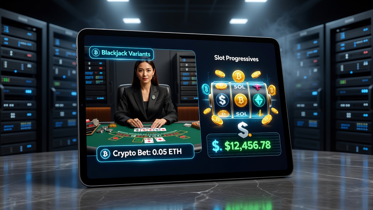 Progressive slot interface on smartphone showing jackpot meter growth alongside crypto transaction confirmation screen