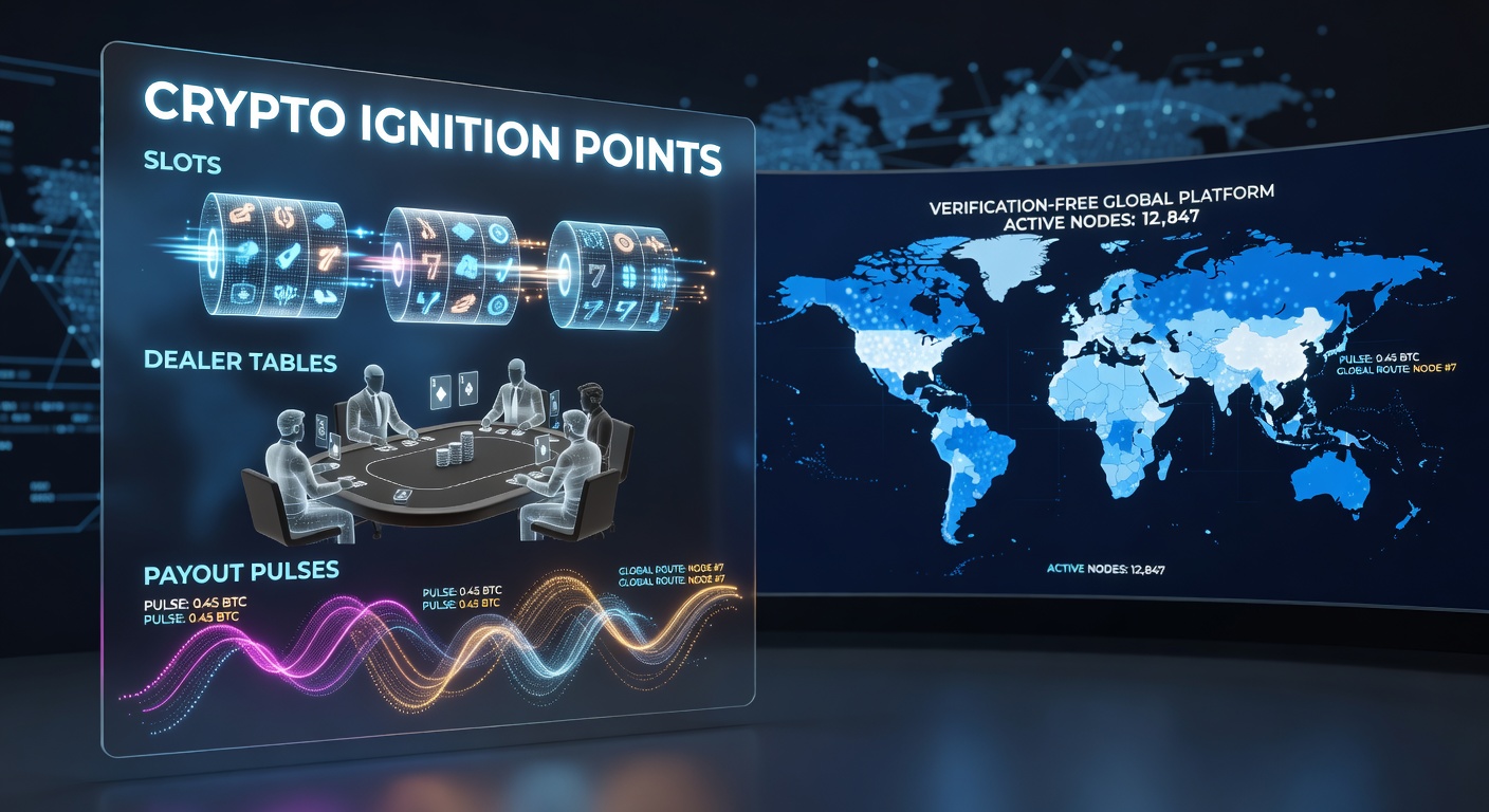 Live dealer at a high-tech table with crypto payout pulses glowing on screen, surrounded by global player interfaces