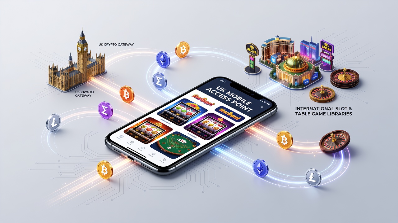 Mobile interface showing crypto wallet connection to slot and table game selections