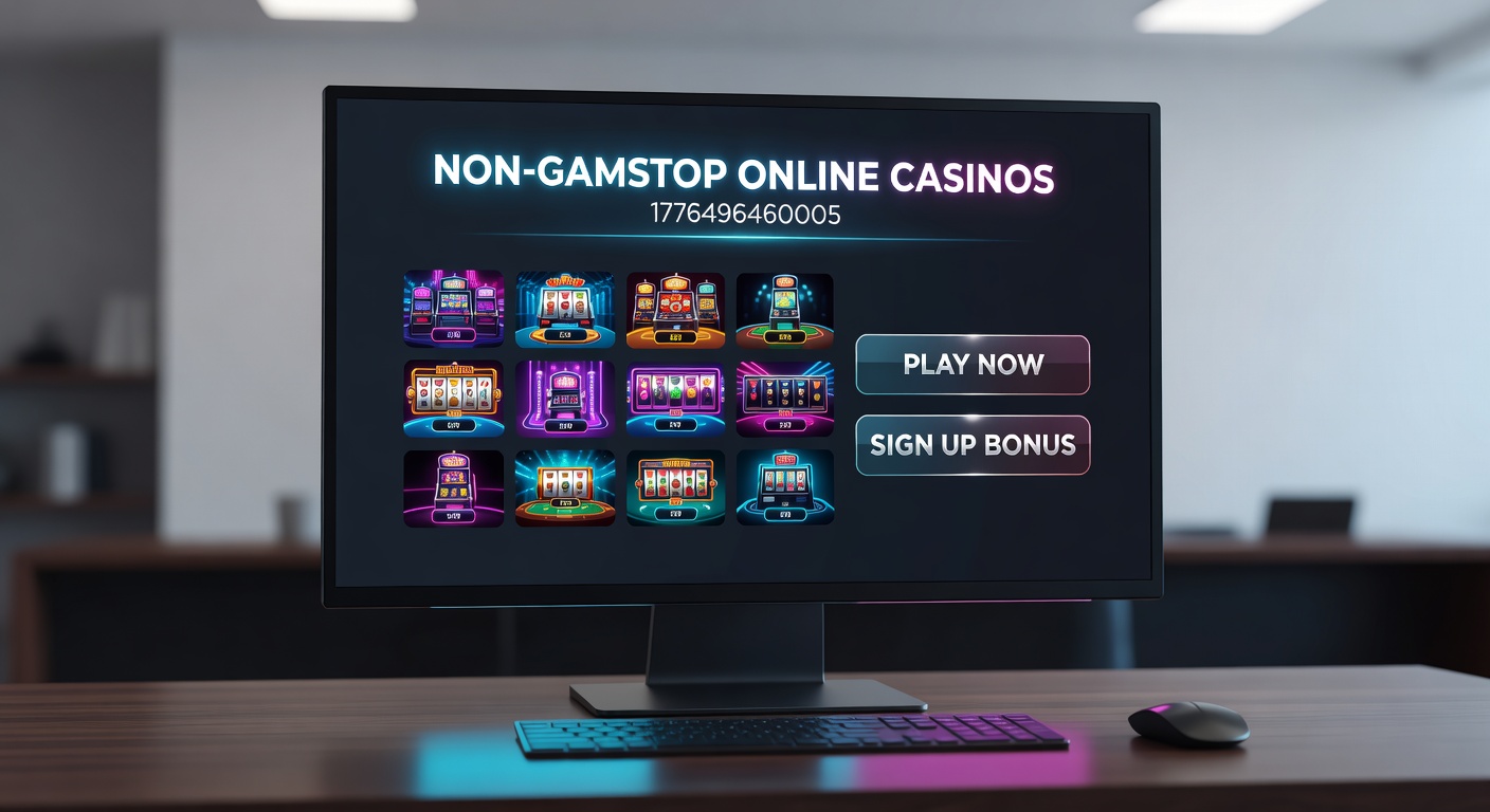 Diverse array of online casino games including roulette wheels, slot reels, and blackjack tables on a non-GamStop platform, with crypto payment icons visible