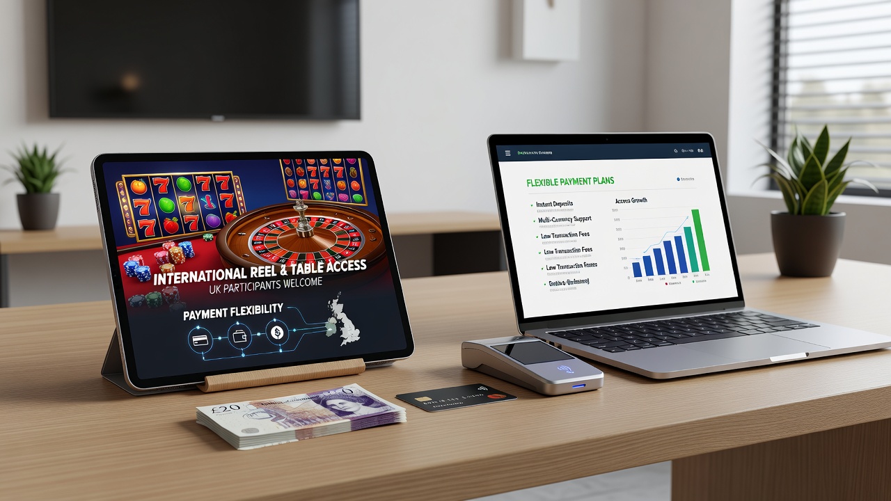 International gaming interface showing live table games and slot reels accessible via flexible payment integrations