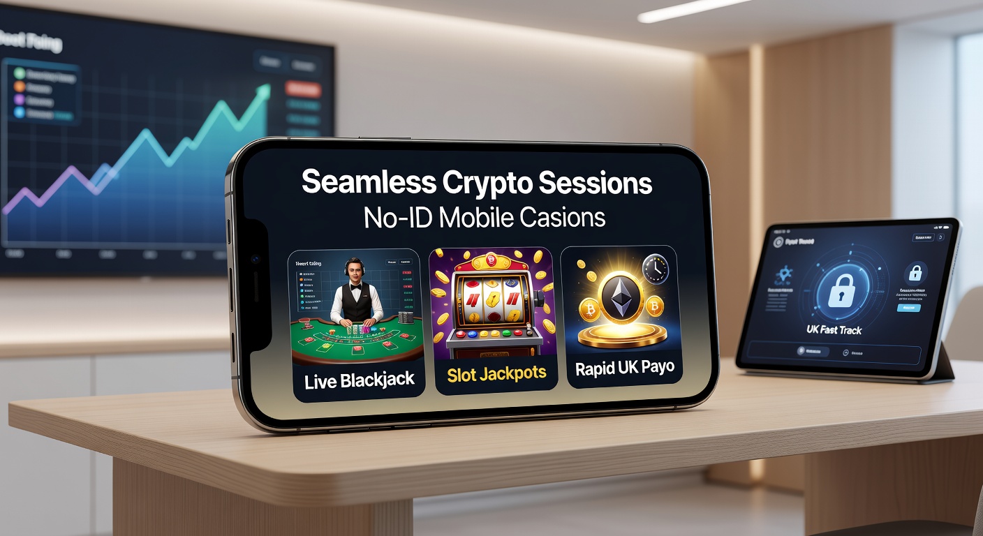 Vibrant slot machine jackpot counter climbing rapidly on a mobile interface, with crypto payout icons and live blackjack thumbnails nearby, emphasizing no-ID rapid wins for UK users