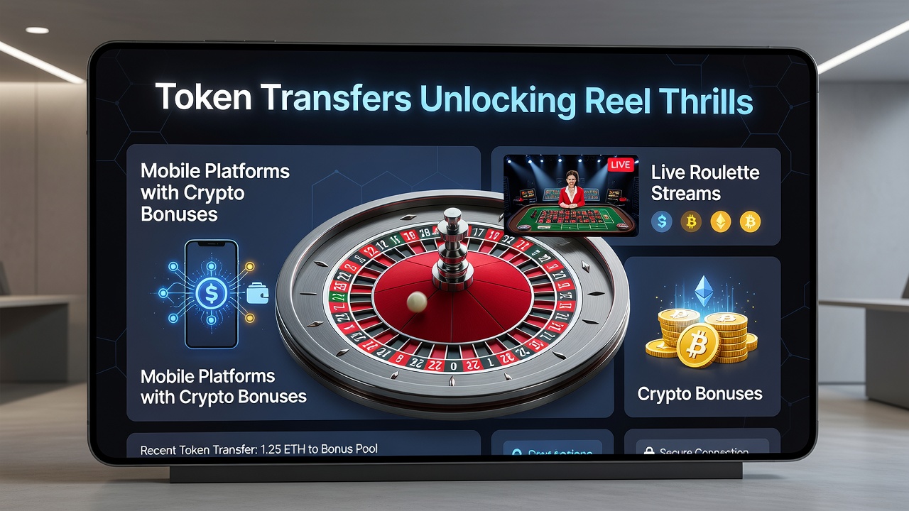 Live roulette stream interface on a mobile screen with crypto bonus indicators and token transfer confirmations