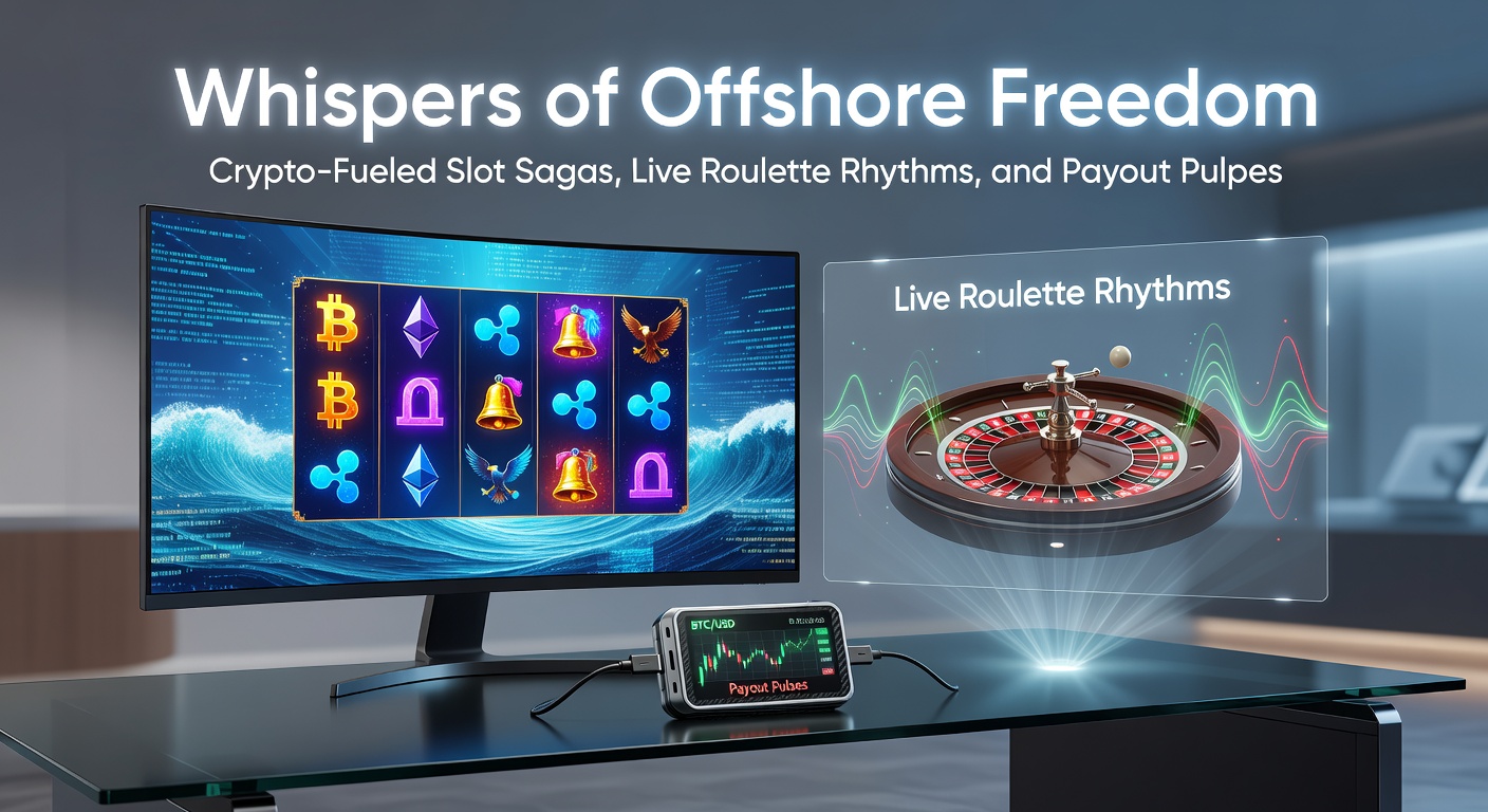 Dynamic scene of a roulette wheel spinning with crypto coins raining down, surrounded by slot machine lights and payout notifications on a sleek offshore casino interface